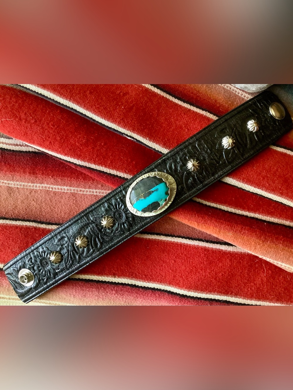 Tooled leather, turquoise cuff, up to 7 1/4” wrist